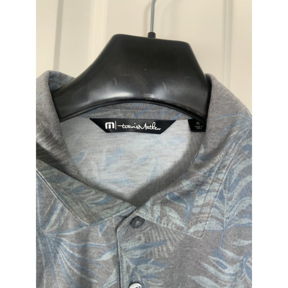 Travis Mathews Men's Golf Polo, SZ XL, Gray & Light Blue With Palm Tree Design